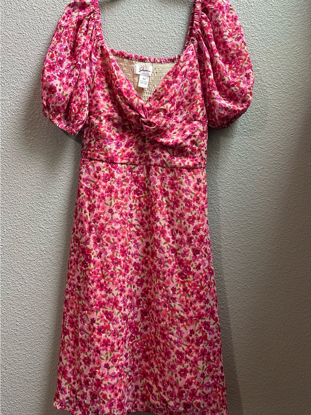 Floral Pink Puff-Sleeve Midi Dress with Front Knot